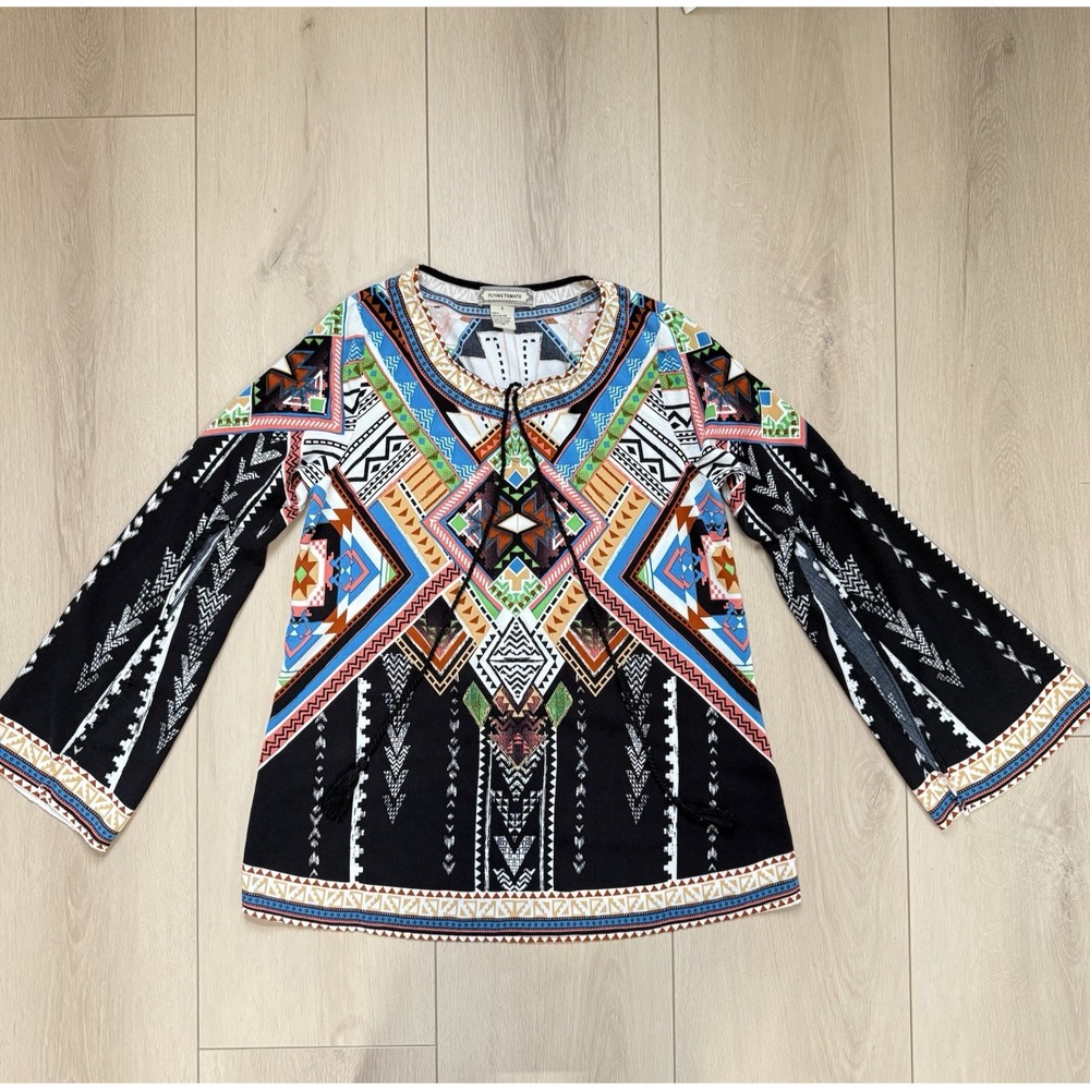 FLYING TOMATO Boho Aztec Print Bell Sleeve Blouse Rayon Black S Southwestern